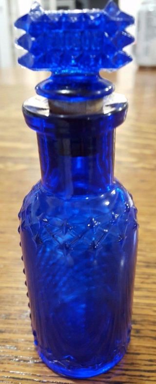 Antique Cobalt Blue Poison Bottle.  Glass Stopper Marked 