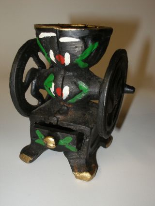 Vintage Miniature Cast Iron Coffee Mill Grinder With Drawer Hand Painted photo