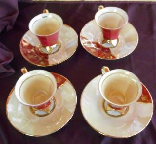 4 Vtg Porcelain Demitasse Gold Cups Saucers Footed Cream Burgundy photo