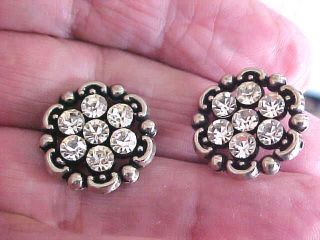 2 Vintage Rhinestone Glass Silver Art Deco Buttons Sparkle Plus Flower Design photo