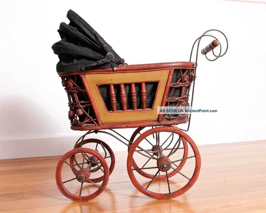 Vintage Baby Doll Stroller Carriage Made Of Wood,  Metal & Old Canvas,  Antique Baby Carriages & Buggies photo