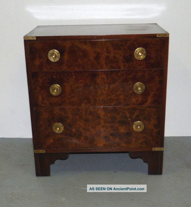 Vtg Mid Century Modern Campaign Style Burl Wood Nightstand Side End Table Post-1950 photo