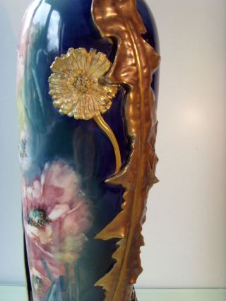 Stunning French Art Nouveau China Vase Barbotine Sevre ? Poppy Dandelion 18.  11 