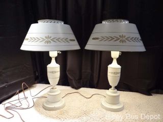 Vintage Pair White Tole Metal Desk Bouillotte Lamps & Shades & Milk Glass Diff photo