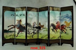 Rare Collectibles Old Decorated Hand Lacquer Painting 8 Horse Run Noble Screen photo