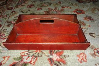 Antique Red Paint,  Wood Silverware Holder Caddy,  Shelf,  Tote Primitive photo
