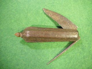Old Antique Hand Forged Folding Knife With Awl Blade On Back Carved Wood Handle photo