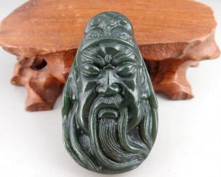 Hand - Carved Natural Green Hetian Jade Pendant W Guan Gong Head photo