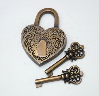 Vintage Carved Love Heart Forever Padlock With Two Skeleton Key Solid Brass Lock photo