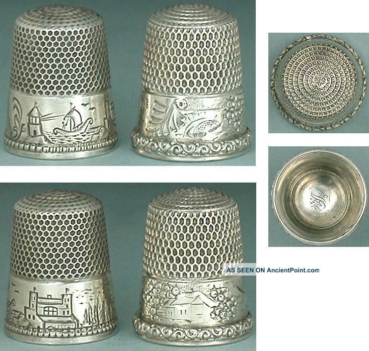 2 Antique Sterling Silver Scenic Band Thimbles American Circa 1880 - 90s Thimbles photo