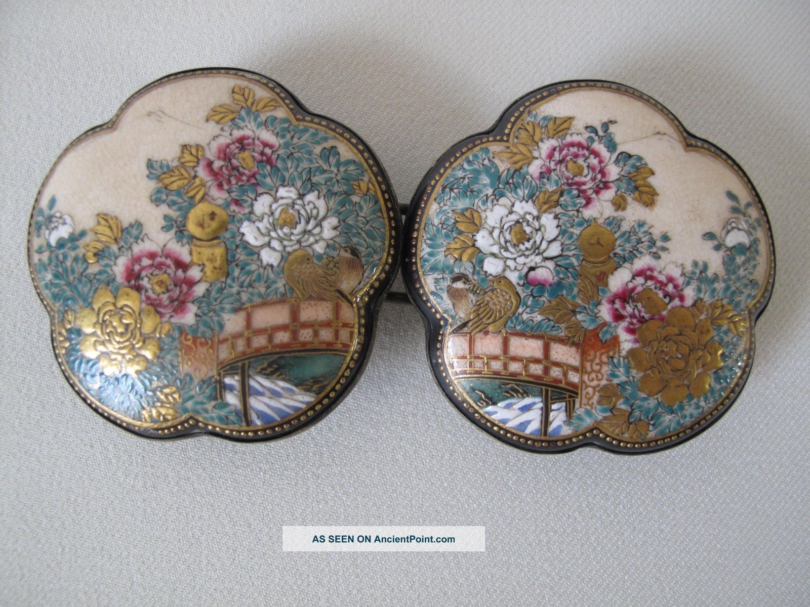 Very Fine Japanese Meiji Period Satsuma Cloisonne Buckle Belt W Peony & Birds Other Japanese Antiques photo