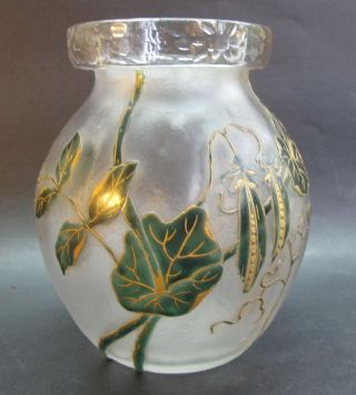 Fine Legras Antique French Art Nouveau Cameo Glass Vase W/ Pea Shoots C.  1900 photo