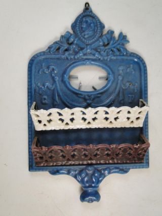 Antique Victorian Cast Iron Enamel Comb Box Holder Wall Stove George Washington photo