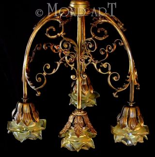 Fabulous 1910s Art Nouveau Bronze Brass Chandelier Petal Shades Ranking Acanthus photo