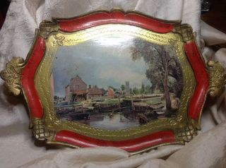 Vintage Florentine Wood Tray Italy Red & Gold Old Mill Picture photo