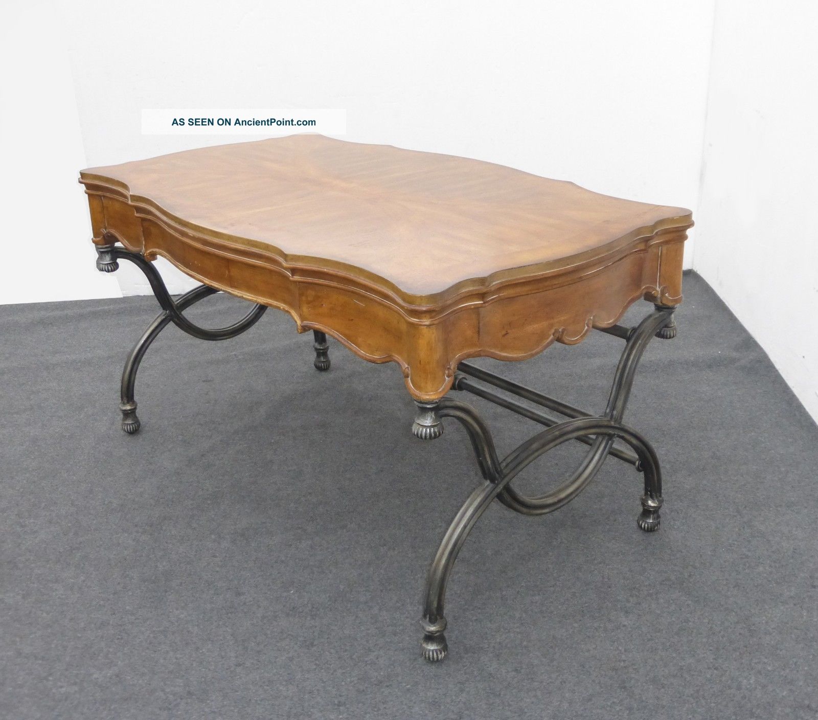 Gorgeous Writing Desk By Schnadig W Ornate Metal Scrolled Base Burl Wood Onlay Post-1950 photo