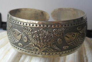 Vintage Tribal Exotic Chinese Handmade Miao Silver Fishes Flower Bracelet photo