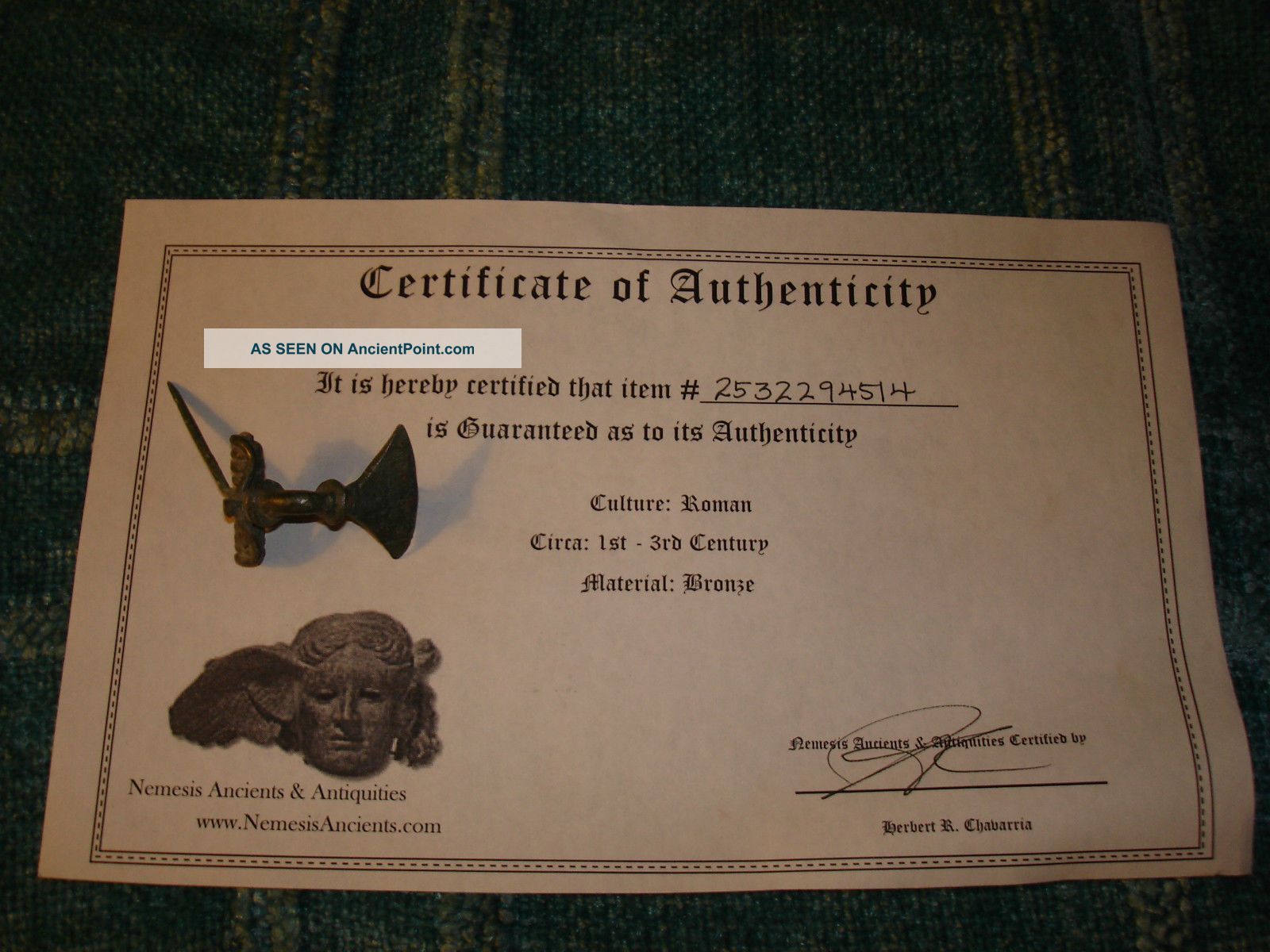 Ancient Roman Bronze Fibula From 1st - 3rd Century / With C.  O.  A. Roman photo