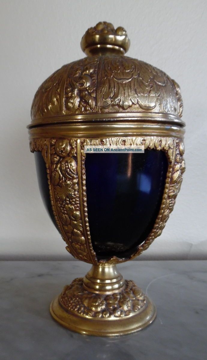 Antique Art Nouveau Brass Cobalt Glass Pickle Jar Castor Container Jb Art Nouveau photo