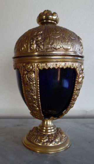 Antique Art Nouveau Brass Cobalt Glass Pickle Jar Castor Container Jb photo