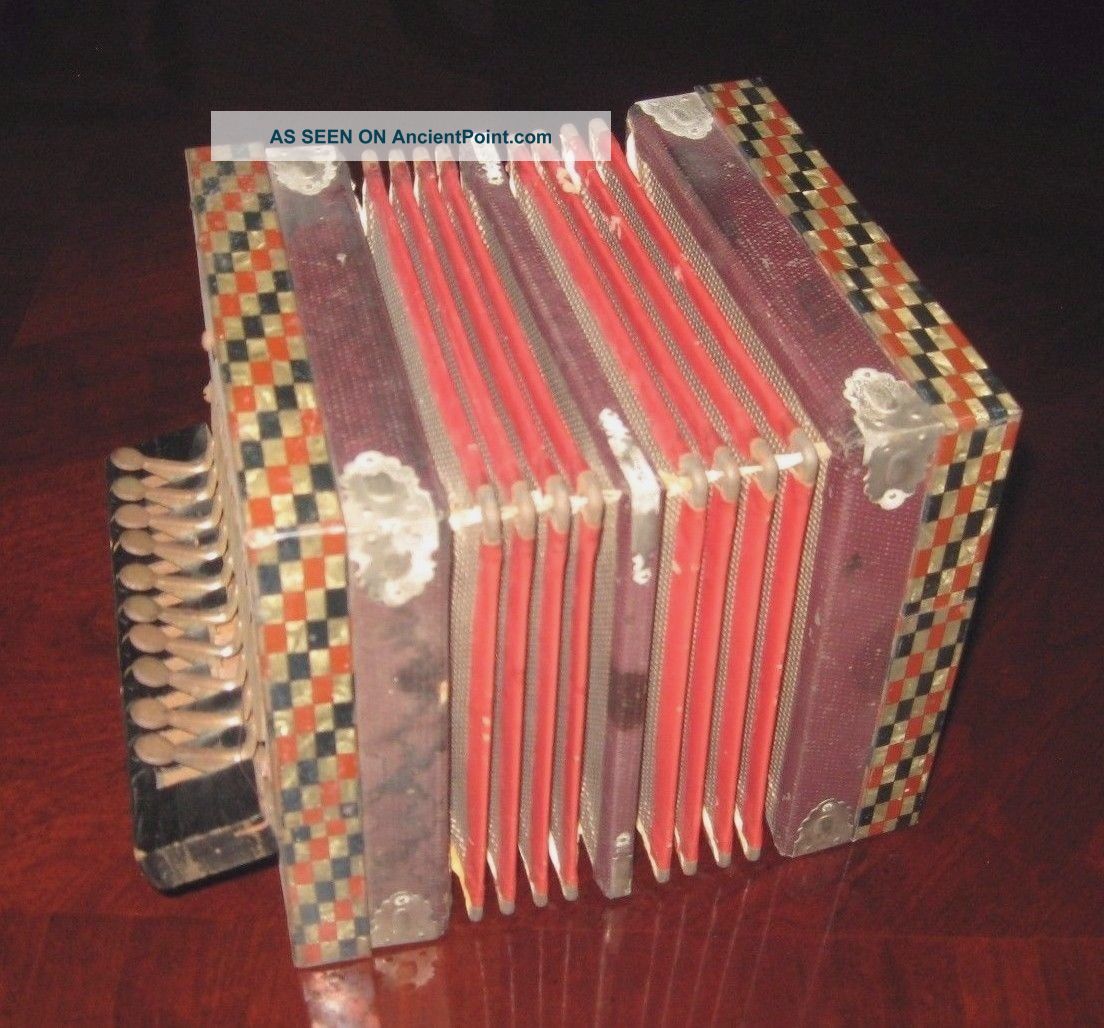 Antique Folk Concertina Handmade Tin Wood Cardboard Colorful Child Toy Other Antique Instruments photo