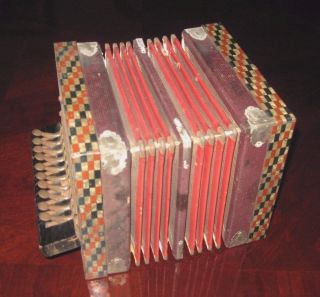 Antique Folk Concertina Handmade Tin Wood Cardboard Colorful Child Toy photo