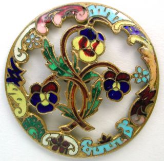 Antique French Enamel Button Pierced 3 Pansy Flowers W Fancy Colorful Border photo