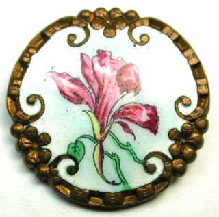 Antique French Enamel Button Detailed Hand Painted Flower W/ Fancy Brass Border photo