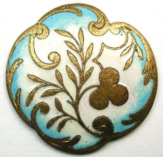 Antique French Enamel Button Turquoise & Cream Floral - Paris Back 1 & 1/16 