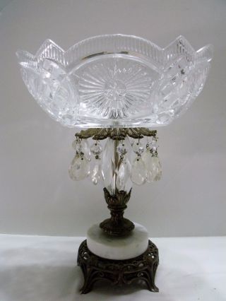 Glass Crystal Compote Centerpiece Bowl Brass Footed With Cut Teardrop Prisms. photo