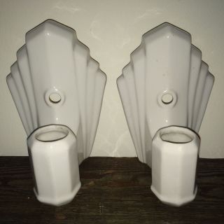 1920s Vintage Art Deco Porcelain Sconce Wall Lamp Pair,  Bathroom Light Fixtures photo