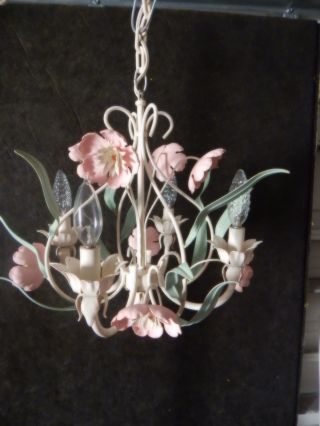 Vtg Petite Italian Tole - Toleware Chandelier Swag - White & Pink Flowers Adorable photo