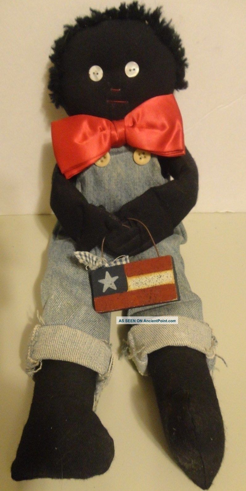 Primitive Black Americana Cloth Fabric Folk Art Doll In Overalls W/ Red Bowtie Primitives photo