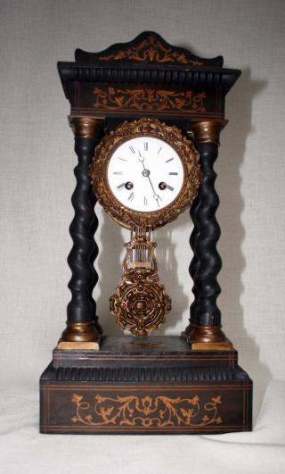 French Clock Ebonized Wood Japy Freres 4 Columns Rich Ornamented Pendulum photo