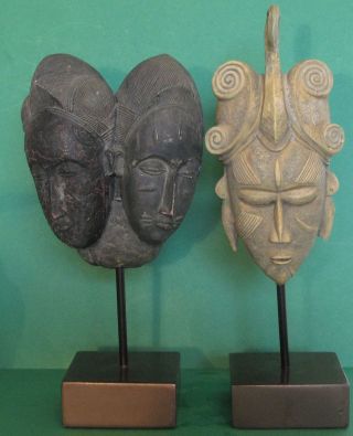 Two Ivory Coast Face Masks Ligbi,  Bandoukou And Mblo Tribe,  Baule 22 Cm High photo