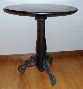 Antique Victorian Walnut Pedestal Cafe Table With Cast Iron Tripod Base C.  1870 photo
