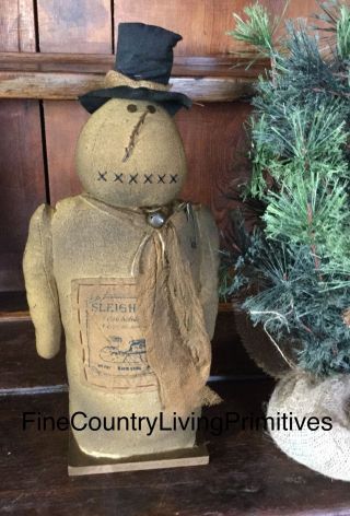 Primitive Country Grungy Snowman Make Do With Vintage Sleigh Rides Label photo