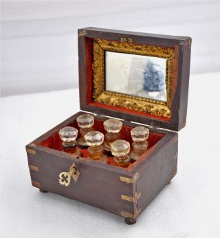 1850s Indian Antique Hand Crafted Wooden Brass Fitted 6 Perfume Bottle Box photo