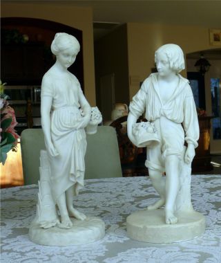 Pair Lg Victorian Copeland White Bisque Figurines Young Boy & Woman photo