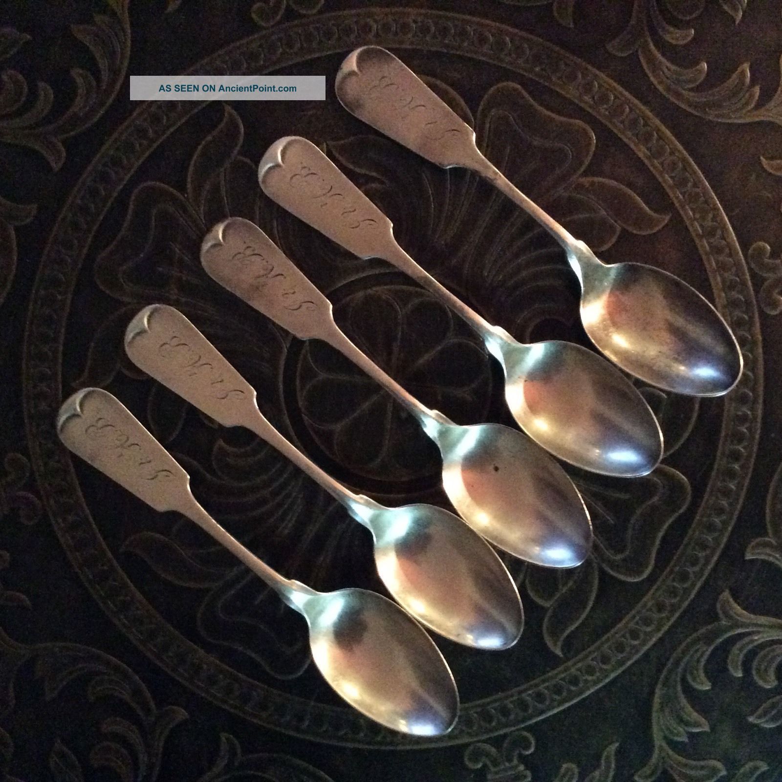 5 Fiddleback Monogramed Silver Spoons With Unknown Makers Mark Or Hallmark Coin Silver (.900) photo