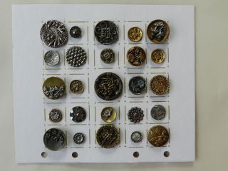 25 Vintage & Antique Buttons Brass & White Metal Pictures Florals On A Card photo
