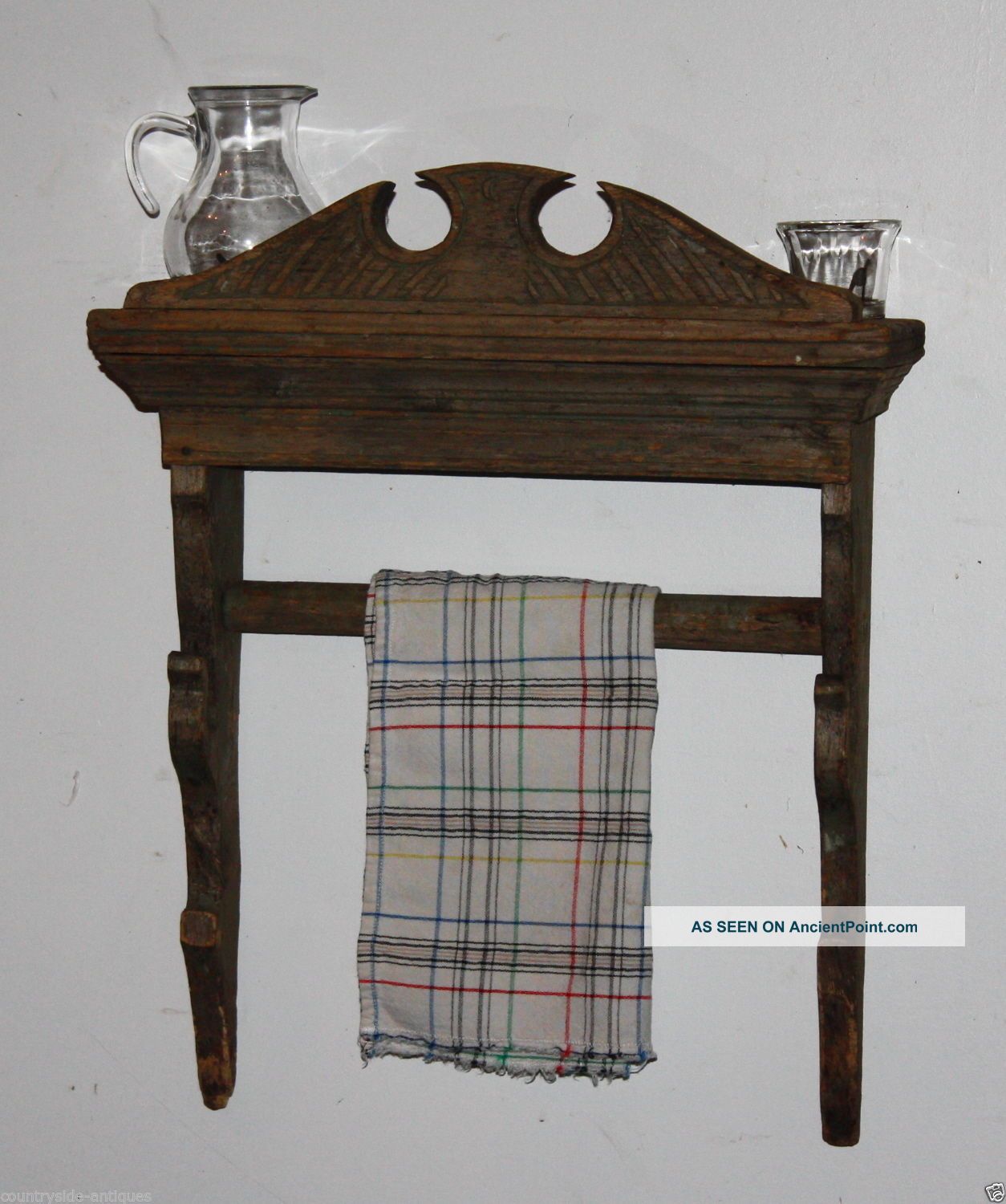 Antique Country Primitive Wooden Towel Rack, Holder, Shelf, Old Paint