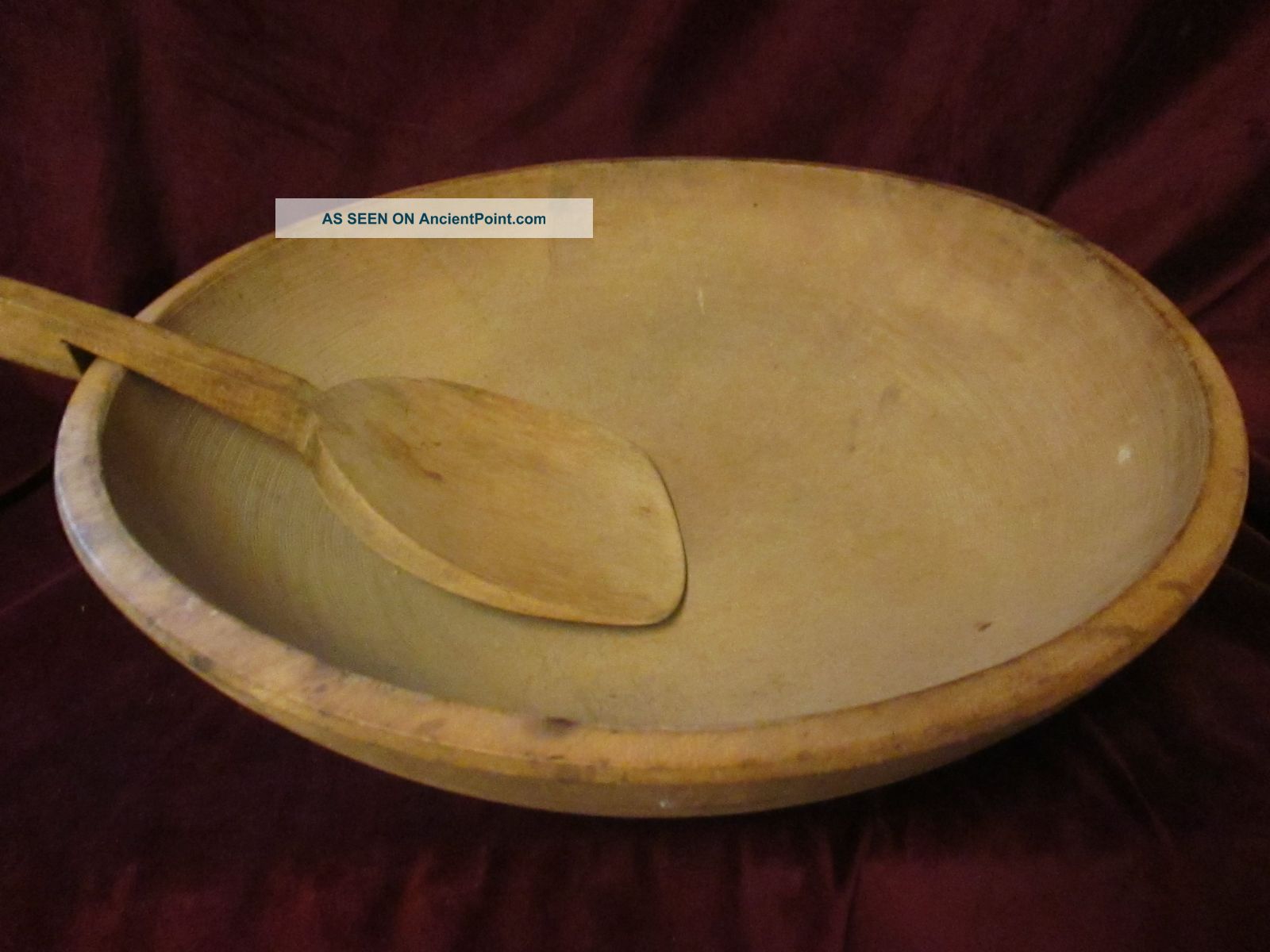 Large Wooden Bowl Primitive Dough Early Old Antique Vintage Raised Lip Turned Bowls photo