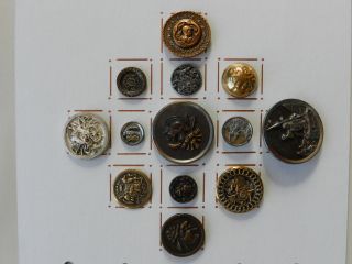 13 Vintage & Antique Buttons Brass & White Metal Midieval Pictures Victorian photo