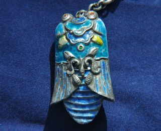 Antique Chinese Cicada Sterling Silver Needle Case Chatelaine Enamel Qing Period photo