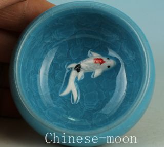 Chinese Jun Porcelain Handmade Carving Fish Statue Bowl Cup Collectables photo
