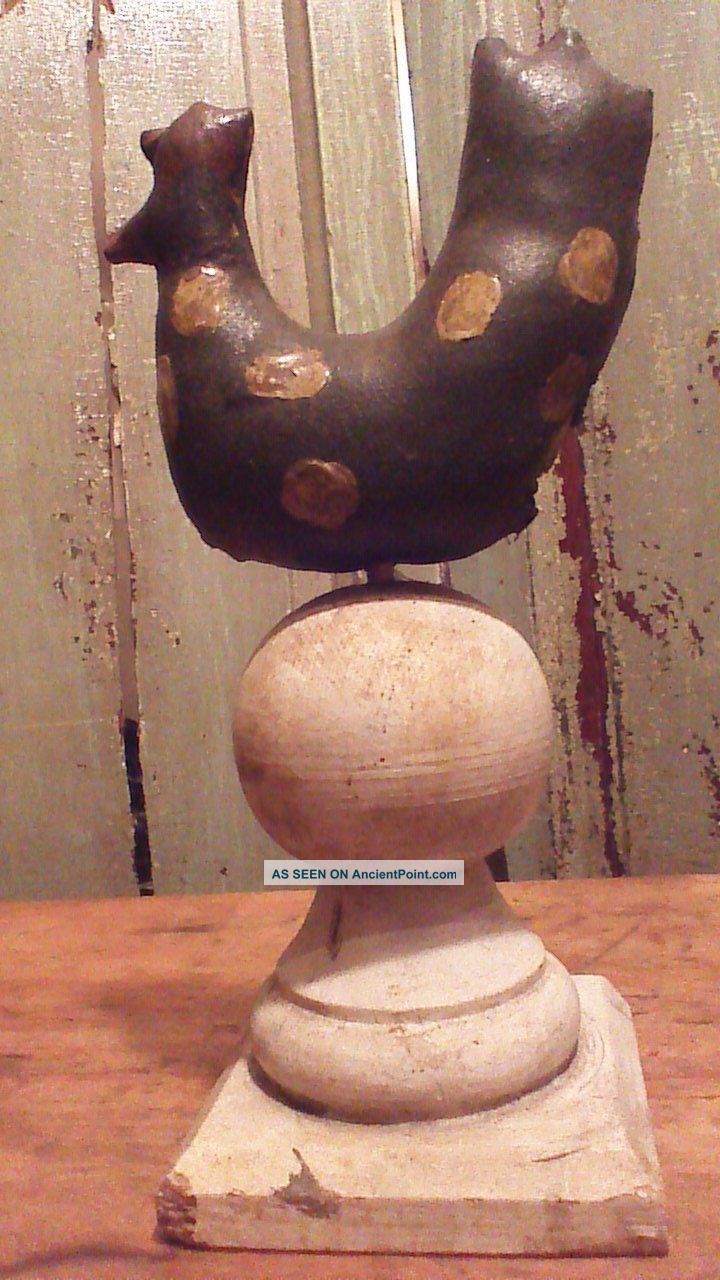 Primitive Black Folk Art Chicken On Antique Wood Wooden Post Finial Primitives photo