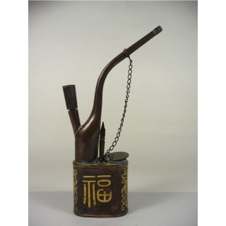 Old China Handwork Copper Smoking Tool Pipe Painting Fu photo