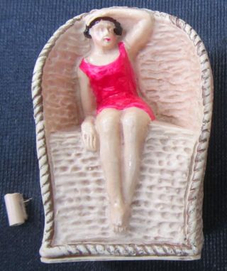 Vintage Celluloid Bathing Beauty Cabana Wicker Chair Tape Measure Germany photo