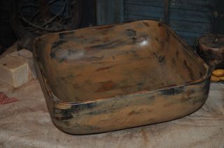Very Lg Primitive Square Wooden Wood Bowl Grungy Old Wheat Color Country Decor photo